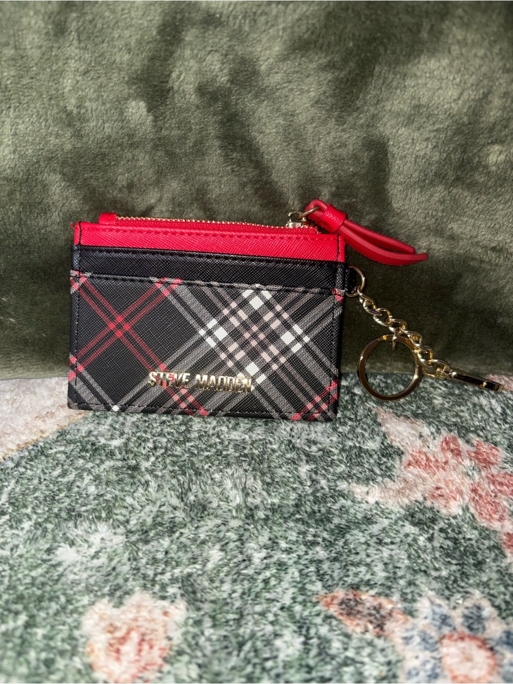 Steve Madden Black & Red Plaid Cardholder Keychain